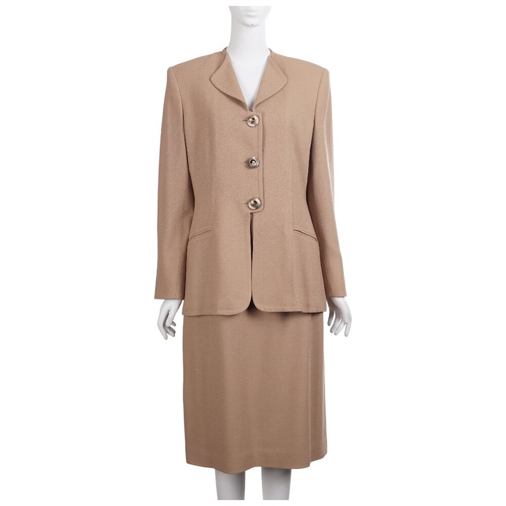 VINTAGE Jules Miller Women 2pc Set Size 12 Camel Brown Wool Jacket Skirt Vintage